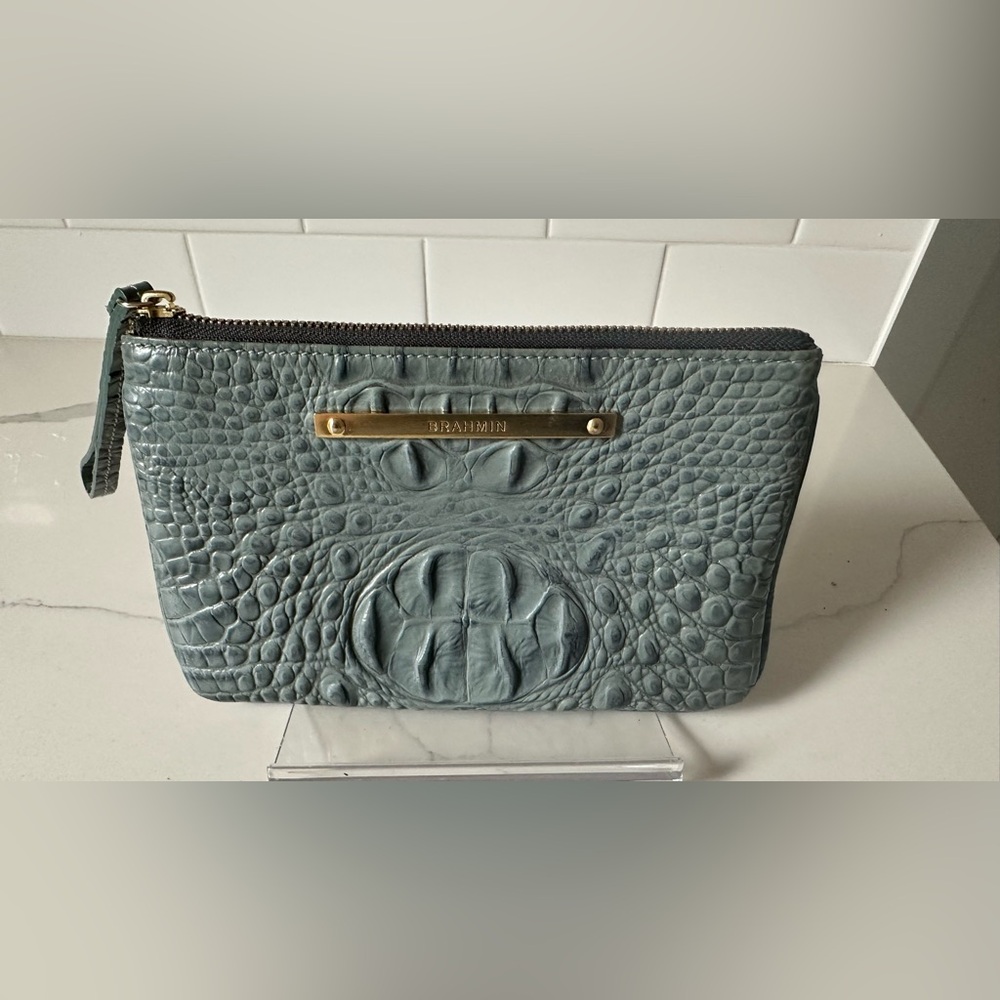 Brahmin Sally flat wristlet.blue green color Melbourne genuine leather